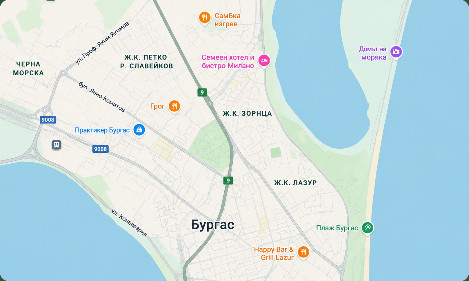 Картата на Бургас с локацията на Fun Park Ezero